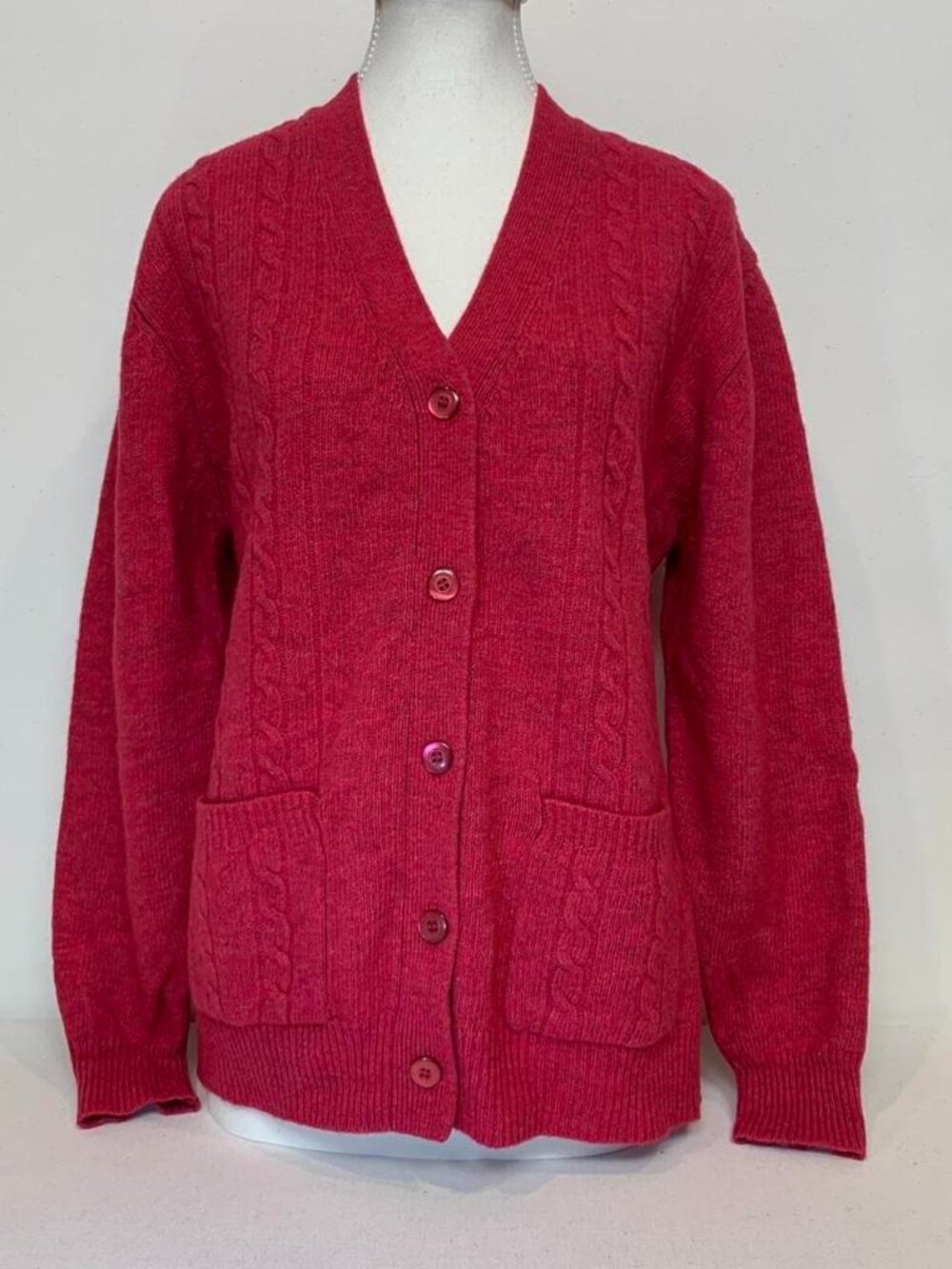 Kwon Shing Red Pink cable knit Wool cardigan